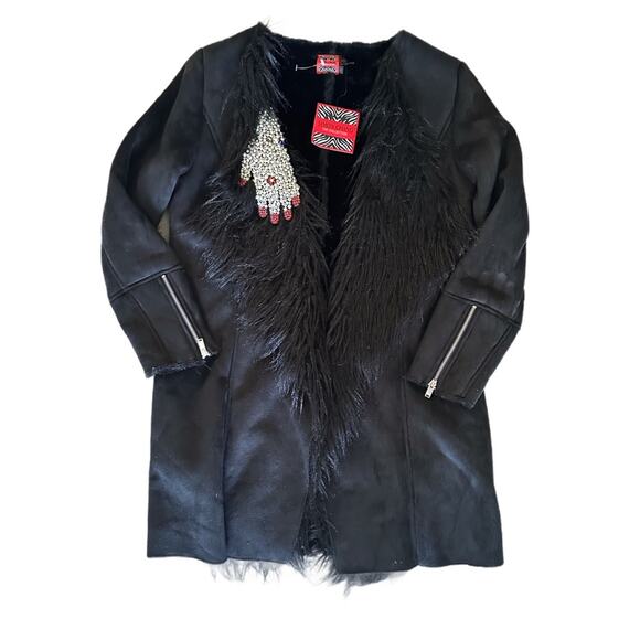 Simon Chang Black Faux Fur Coat Rhinestone Glove Embellishment Faux Fur Size 10 - Picture 4 of 11